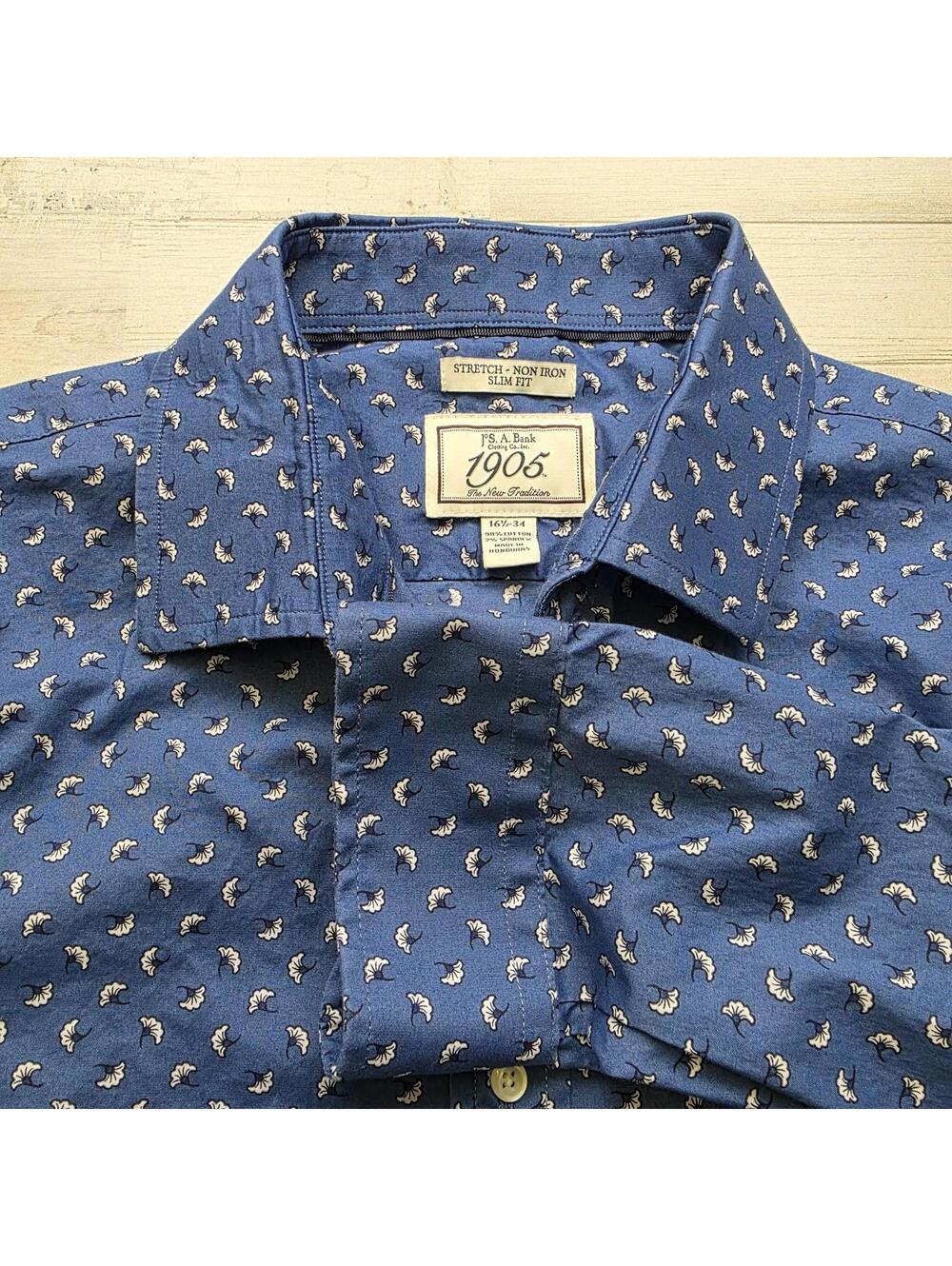 Jos A Bank 1905 Geometric All Over Print Stretch Non Iron Slim Fit 16 1/2 34 LG